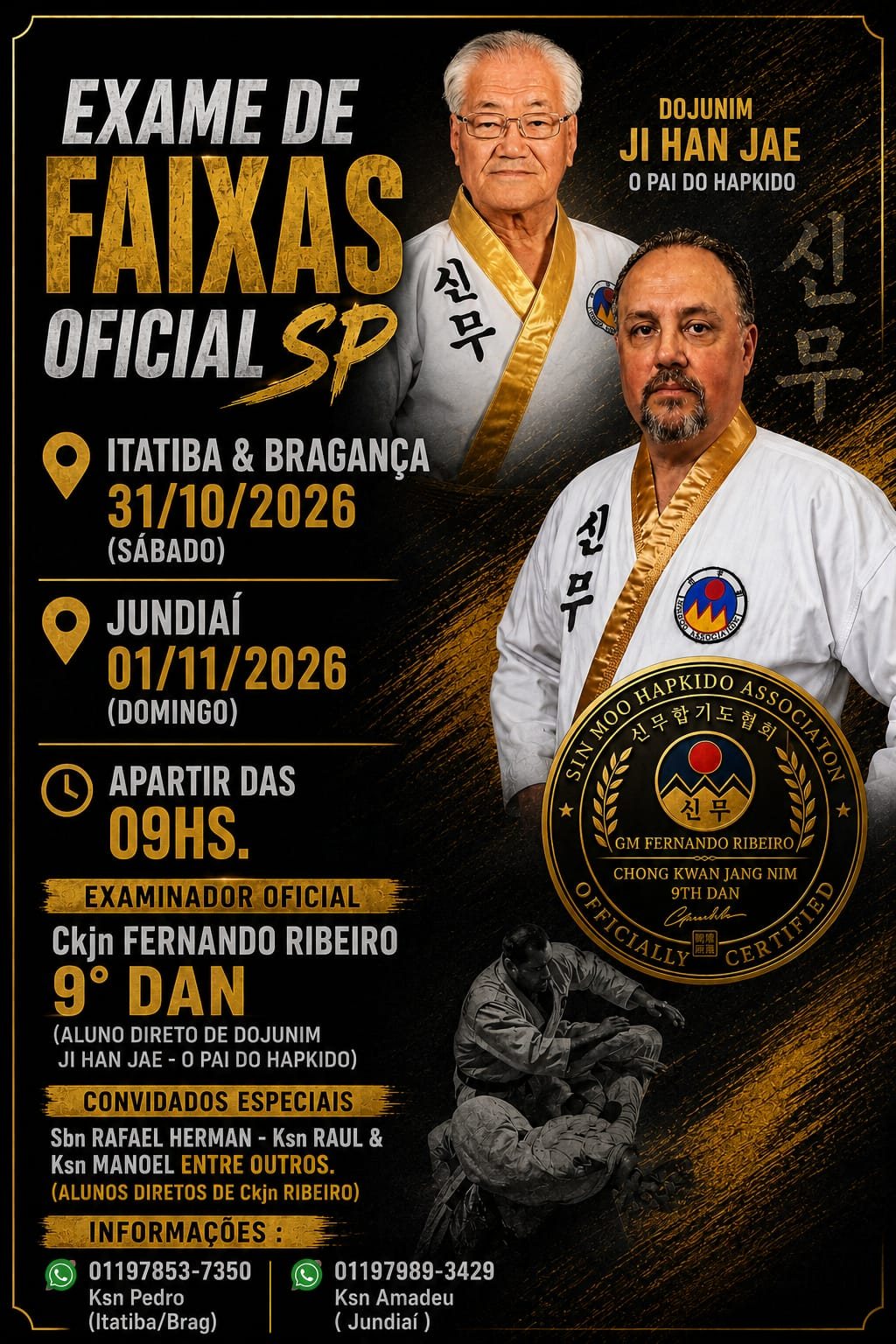 Cartaz do Exame de Faixas Oficial SP, com Dojunim Ji Han Jae e Ckjn Fernando Ribeiro